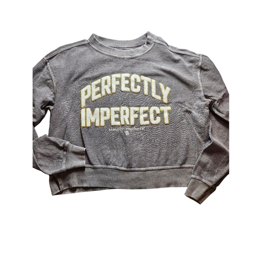Simply Southern Perfectly Imperfect Cropped Sweatshirt Gray Gold Glitter Small